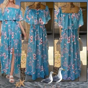 Pinkblush Aqua Floral Overlay Off-Shoulder Side Slit Maxi Dress Size S